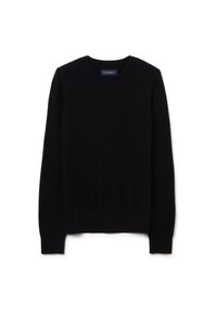 Suéter de punto negro con cuello redondo, mangas largas y dobladillo acanalado. Fabricado con material suave y ligero. Diseño simple y clásico.