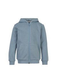 Felpa con zip blu realizzata in tessuto morbido. Presenta un capuccio, due tasche frontali e polsini a coste. Design semplice senza fantasie o accenti.