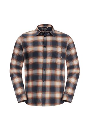 Flanellen shirt met een marineblauw, grijs en oranje ruitpatroon. Lange mouwen, knoopsluiting aan de voorkant en een enkele zak op de linkerkant van de borst.