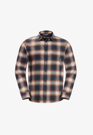 Flanellen shirt met een marineblauw, grijs en oranje ruitpatroon. Lange mouwen, knoopsluiting aan de voorkant en een enkele zak op de linkerkant van de borst.