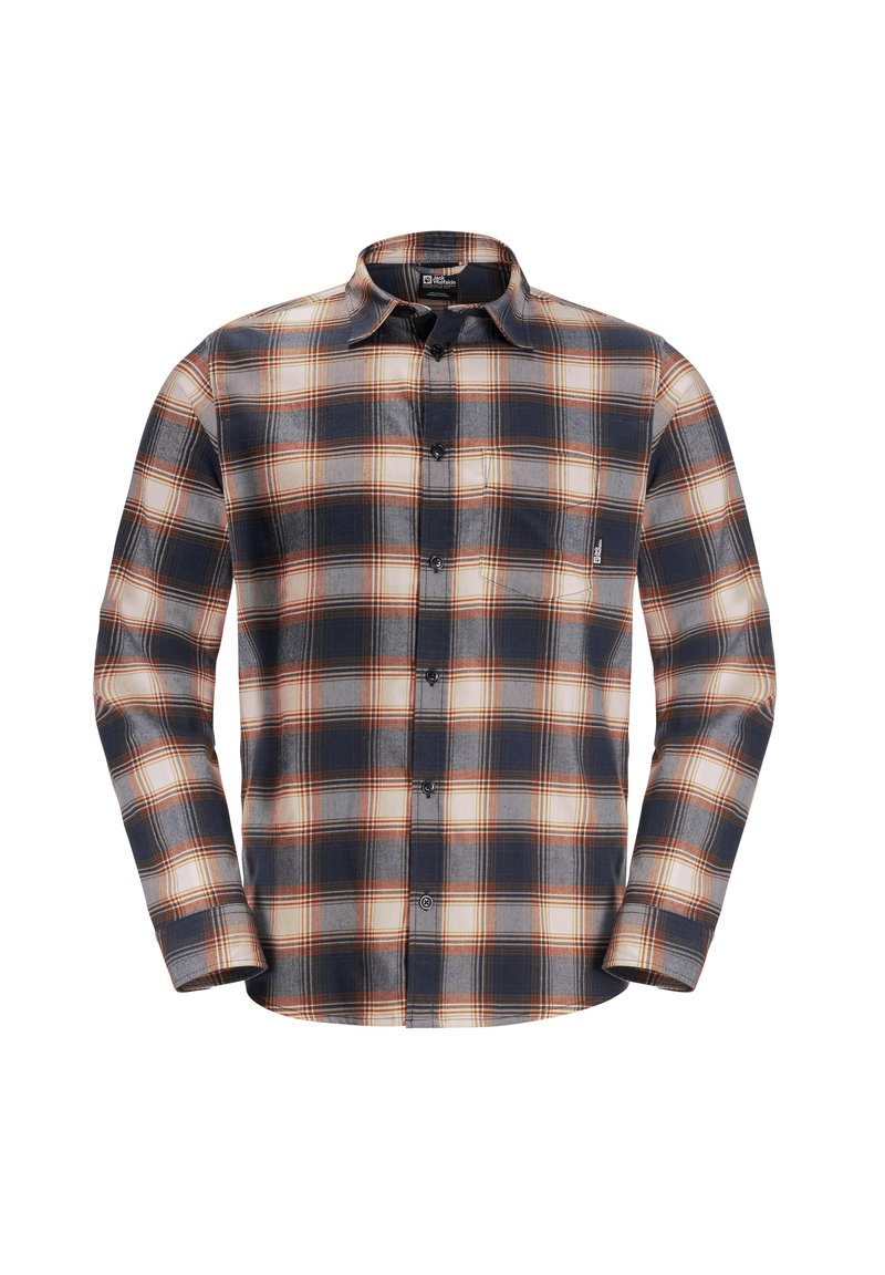 Camicia di flanella con un motivo a quadri blu navy, grigio e arancione. Maniche lunghe, chiusura con bottoni davanti e una tasca singola sul lato sinistro del petto.