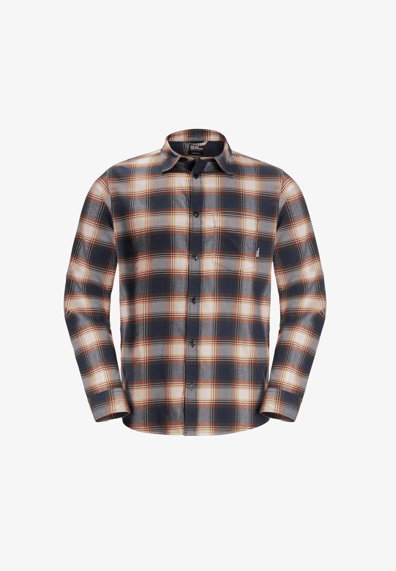Chemise en flanelle avec un motif à carreaux bleu marine, gris et orange. Manches longues, fermeture à boutons sur le devant, et une poche simple sur la poitrine gauche.