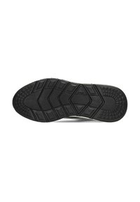 Suola nera di scarpa sportiva con motivo testurizzato, caratterizzata da battistrada a forma di diamante e scanalature per una maggiore aderenza. Materiale in gomma resistente.