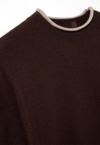 Brauner Strickpullover mit Rundhalsausschnitt, versehen mit einem hellbeigen Kragenbesatz. Weiche Textur; keine sichtbaren Muster oder Hardware-Details.