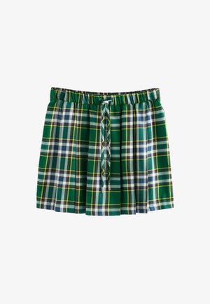 Gonna a pieghe a quadretti verde con vita elasticizzata e coulisse anteriore, caratterizzata da un motivo a strisce bianche, blu navy e gialle.