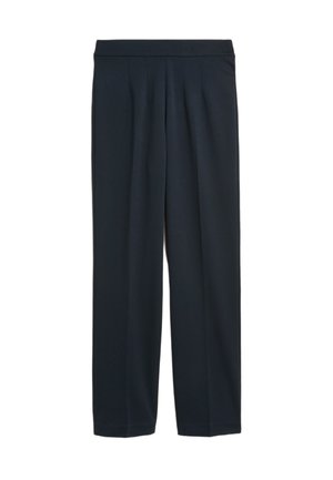 Pantaloni navy scuri con un design a gamba dritta, caratterizzati da una vita alta e pieghe frontali. Realizzati in un tessuto leggero e liscio.