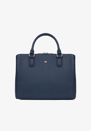 Granatowa skórzana torebka o teksturowanym wykończeniu, z dwoma górnymi uchwytami i srebrnymi akcentami. Posiada zamek błyskawiczny oraz minimalistyczny design.