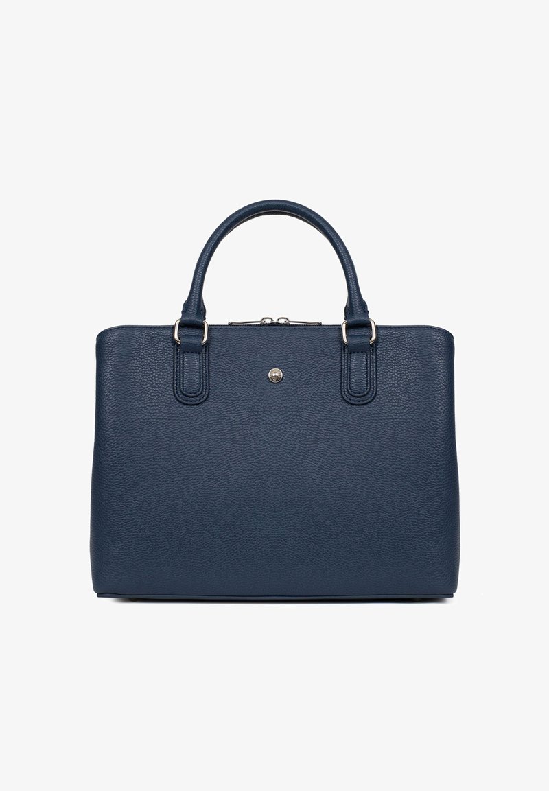 Granatowa skórzana torebka o teksturowanym wykończeniu, z dwoma górnymi uchwytami i srebrnymi akcentami. Posiada zamek błyskawiczny oraz minimalistyczny design.