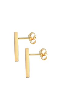 Orecchini a bottone in tonalità oro caratterizzati da un design a barra rettangolare con finitura opaca. Texture liscia, stile minimalista e chiusura a farfalla sicura.
