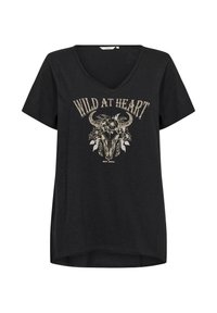 T-shirt noir avec un col en V, à manches courtes, présentant un design graphique d'un crâne avec des accents floraux et le texte "WILD AT HEART."