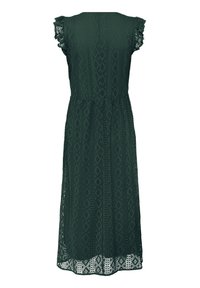 Mörkgrön spetsmaxiklänning med diamantmönster, korta volangärmar, figursydd midja och mönstrad kantdetalj.