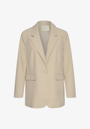 Beige sako s jemným tečkovaným vzorem, zapínání na jeden knoflík, klopové límce a dvě přední kapsy. Přizpůsobený střih s dlouhými rukávy.