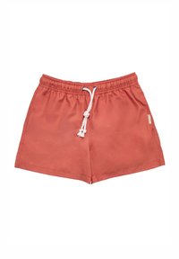 Korallin väriset uimapuvut kevyestä kankaasta, joissa on joustava vyötärö ja naru, sekä sivutaskut. Yksinkertainen, tasainen värisuunnittelu.