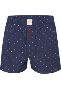 Námořnické modré Boxerky s bílými diamantovými vzory, pružný pás a červené knoflíky vpředu. Vyrobené z měkké látky. Neformální design.