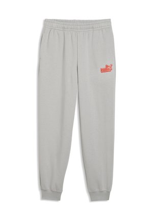 Lichtgrijze joggingbroek met elastische tailleband en boorden, met een klein rood Puma-logo op de bovenste linker dij.