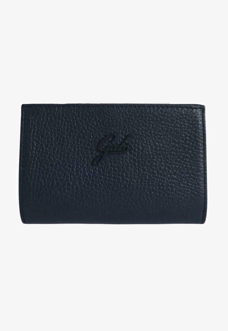 Portafoglio in pelle blu navy con finitura testurizzata, caratterizzato da logo del marchio impresso sul fronte e un design pieghevole per una comoda sistemazione.