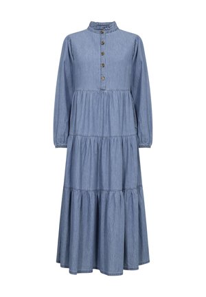 Robe en denim à manches longues, col à volants, boutonnière devant et jupe à niveaux. Couleur bleu clair avec une texture douce et une coupe décontractée.
