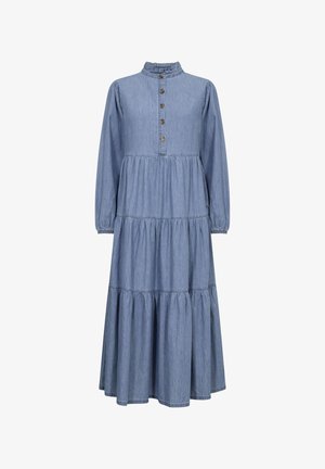 Sukienka dżinsowa z długimi rękawami, falbaniastym dekoltem, zapinana na guziki z przodu oraz warstwowym dołem. Jasnoniebieski kolor o miękkiej fakturze i luźnym kroju.