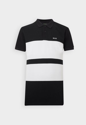 Svart og hvitstripet polo-skjorte med krage, med to store horisontale striper og en liten brodert logo på brystet.