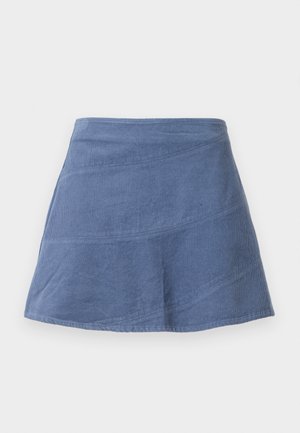 Modra kordurojska A-linija krilo z diagonalnimi šivi, do kolen, ravna sprednja stran in subtilna tekstura.