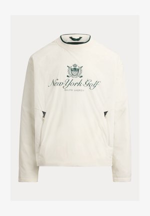 White pullover jacket featuring green embroidered "New York Golf" logo, side zip pockets, and a classic crew neckline. Smooth outer texture.