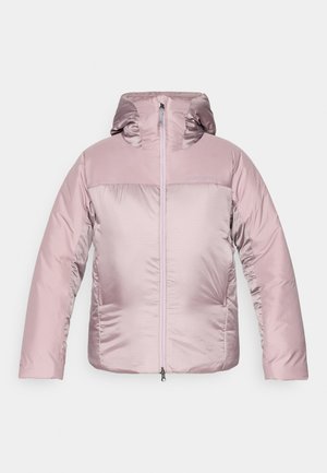 Gevoerde gewatteerde jas met capuchon in lichtroze met een glanzende afwerking, voorzien van een rits aan de voorkant, elastische manchetten en een gladde textuur.