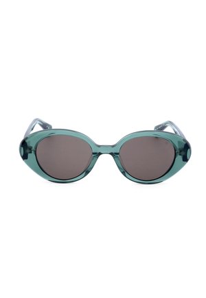 Occhiali da sole di forma ovale con lenti scure e montatura verde traslucida, mostrati frontalmente su uno sfondo bianco.