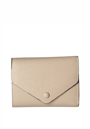 Beige textured leather wallet with a flap closure and rounded edges, featuring a snap button. Compact rectangular shape.