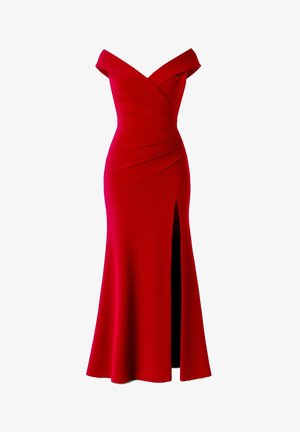 Robe de soirée élégante rouge à épaules dénudées avec une taille cintrée, des détails plissés et une fente haute sur le côté gauche.