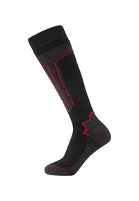 Black knee-high sock with red accents. Features a textured pattern and reinforced toe, made from a blend of synthetic and natural materials.