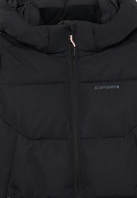 Schwarze gepolsterte Jacke mit hohem Kragen, Frontreißverschluss und Kapuze. Hat eine glatte Textur und ein kleines Logodetail auf der Brust.