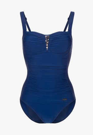 Maillot de bain une pièce bleu marine avec des fronces, des bretelles ajustables et des détails décoratifs en perles le long du centre avant. Tissu doux et extensible.
