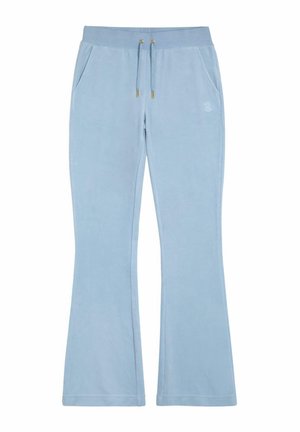 Light blue flared sweatpants made of soft fabric, featuring an elastic waistband with drawstrings and two side pockets. Simple logo detail.