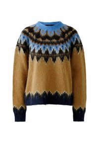 Gebreide trui met een ronde hals, met een kleurverloop van lichtblauw naar bruin, aangevuld met donker marineblauw en een geometrisch patroon.
