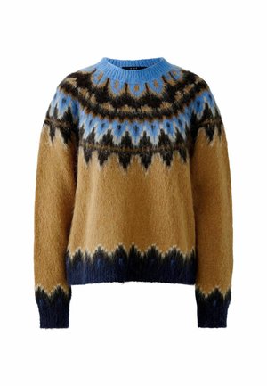 Strickpullover mit Rundhalsausschnitt, der einen Farbverlauf von Hellblau zu Braun aufweist, akzentuiert mit Dunkelblau und einem geometrischen Muster.