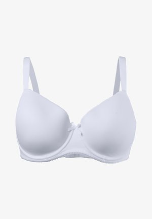 Bra imbottito bianco con spalline regolabili, dalla texture liscia e un piccolo fiocco decorativo al centro. Include un bordo ondulato lungo i lati.