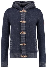 Marinblå stickad huvtröja med träknäppningar, texturerat mönster, ribbade muddar och två framfickor. Har en fodrad huva.