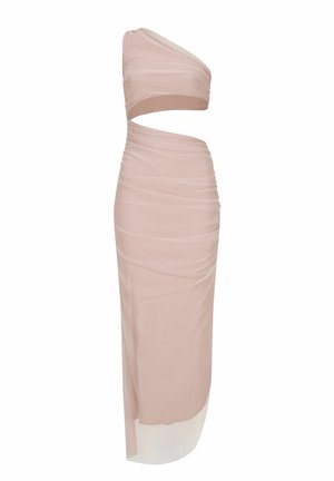 Ein einseitiges, rosafarbenes Kleid mit Raffung, einem ausgeschnittenen Taillenbereich und einem transparenten Saum. Hergestellt aus leichtem, strukturiertem Stoff.