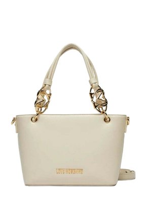 Sac à main en cuir crème avec doubles poignées, détails métalliques géométriques dorés et logo "LOVE MOSCHINO" embossé en doré sur le devant.