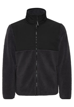 Fleecejacke met een zwarte gladde bovenpaneel en een gestructureerd donkergrijze body. Inclusief ritssluiting aan de voorkant en zijzakken. Ontwerp met hoge kraag.