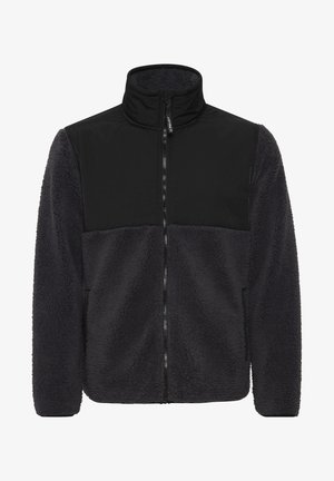 Fleecejacke met een zwarte gladde bovenpaneel en een gestructureerd donkergrijze body. Inclusief ritssluiting aan de voorkant en zijzakken. Ontwerp met hoge kraag.