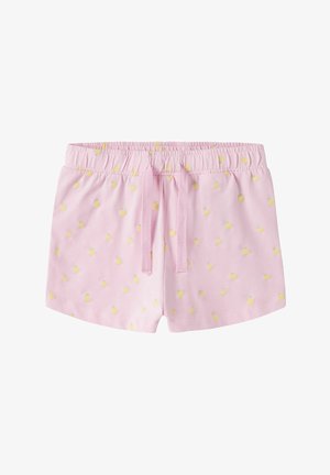 Svijetlo ružičaste kratke hlače s elastičnim pojasom i vezicama, ukrašene sitnim žutim uzorkom limuna.