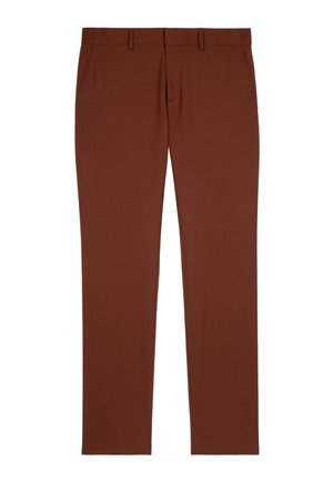 Pantalones de tela marrón, con una textura suave, frente plano y dos bolsillos laterales. Presenta una altura media y un diseño de pierna recta.