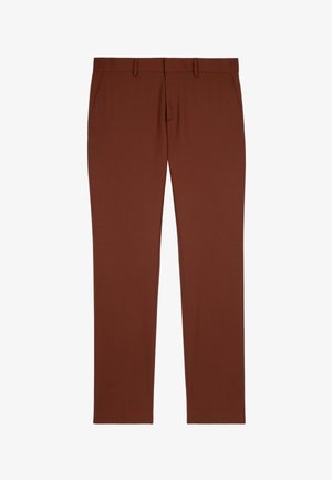 Pantaloni sartoriali marroni con una texture liscia, frontale piatto e due tasche laterali. Presentano una vita di media altezza e un design a gamba dritta.