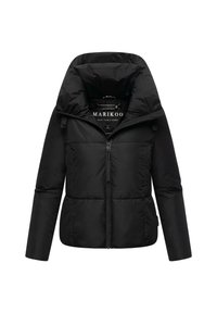 Black puffer jacket with a high collar, zip closure, and quilted design. Features adjustable straps and a smooth, matte finish.