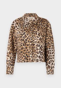 Jakna s leopard uzorkom od umjetnog krzna, s ovratnikom, prednjim gumbima, dva džepa na prsima i dugim rukavima s manšetama.