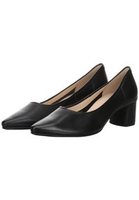 Black leather pumps with a smooth finish, pointed toe, and a medium block heel. Features a low-cut design along the sides for added style.