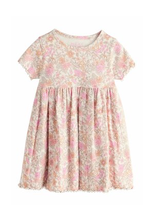 Krátky rukáv detské šaty s ružovo-oranžovým kvetinovým vzorom na svetlo béžovej látke, s volánikovým lemom a zošitým pásom.