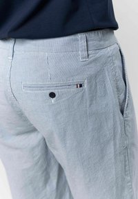 Pantalons décontractés bleu clair rayés avec deux poches arrière, dont une avec un petit logo coloré. Fabriqués en tissu léger.