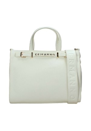 Borsa a mano bianca in pelle con manici doppi, hardware dorato e tracolla staccabile con nome del marchio impresso sul lato.